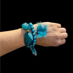 Turquoise Beaded Stretch Bracelets with Feather Accent (Set Of 2)